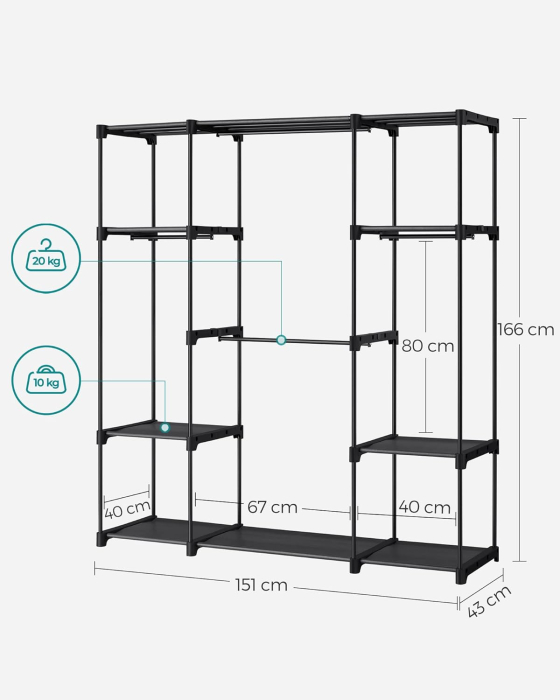 Dulap portabil pentru haine cu 4 bare de suspendare si rafturi, structura metalica, 151x43x166 cm, negru [7]