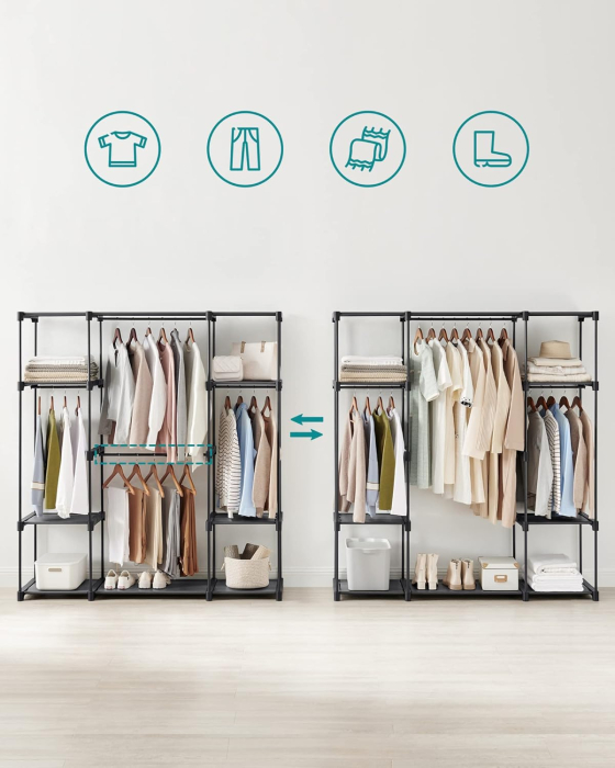 Dulap portabil pentru haine cu 4 bare de suspendare si rafturi, structura metalica, 151x43x166 cm, negru [2]