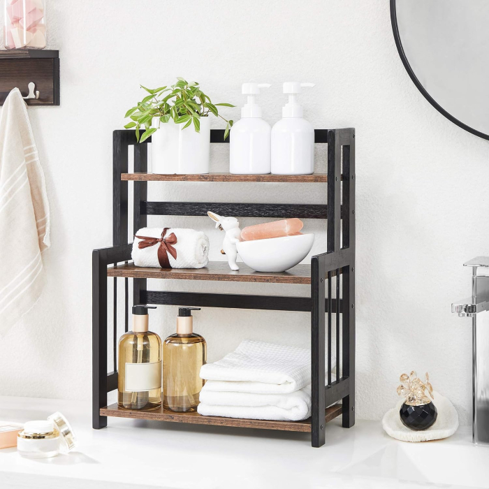 Etajera condimente 3 niveluri, raft bucatarie din bambus si PAL, 41x18x53 cm, maro rustic [6]