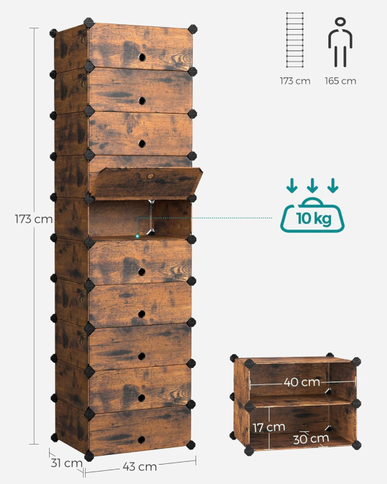 Etajera pantofi 43x31x173 cm, 10 compartimente modulare, usa frontala, maro rustic [5]