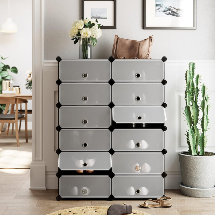 Etajera pantofi 83x31x105 cm, 12 compartimente modulare cu usi rabatabile, negru si alb [2]