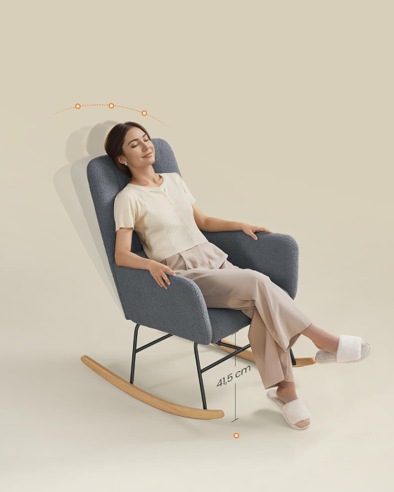 SONGMICS Fotoliu balansoar cu brate, cadru otel imbracat in fleece si picioare din lemn, 136 kg, gri [3]