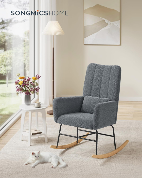 SONGMICS Fotoliu balansoar cu brate, cadru otel imbracat in fleece si picioare din lemn, 136 kg, gri [2]