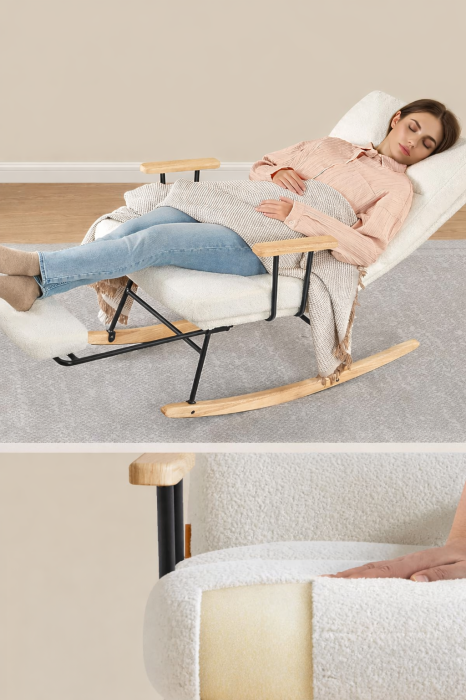 Fotoliu balansoar reglabil cu suport picioare reglabil, textil plusat, 85x75x105 cm, crem [3]