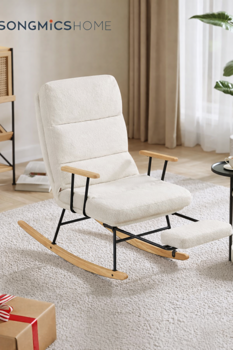 Fotoliu balansoar reglabil cu suport picioare reglabil, textil plusat, 85x75x105 cm, crem [5]