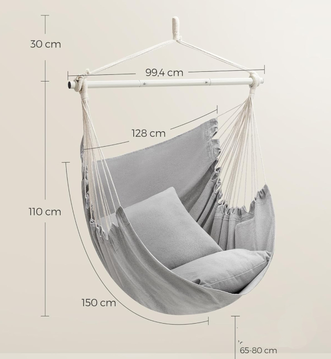 Fotoliu suspendat tip hamac cu 2 perne, lant si carabiniera incluse, 150x128 cm, gri [5]