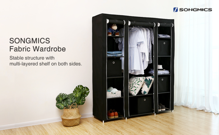 Garderoba din material textil, dulap portabil, cu rafturi si sina de agatat, 150x45x175cm, negru [11]