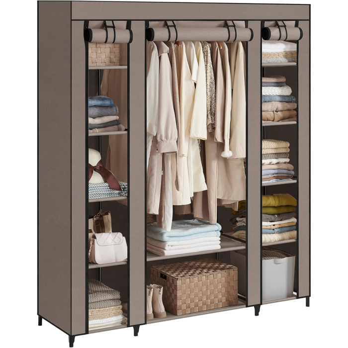 Garderoba din material textil, dulap portabil, cu rafturi si sina de agatat, 150x45x175cm, taupe [6]