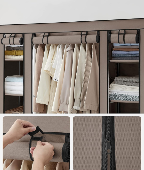 Garderoba din material textil, dulap portabil, cu rafturi si sina de agatat, 150x45x175cm, taupe [5]