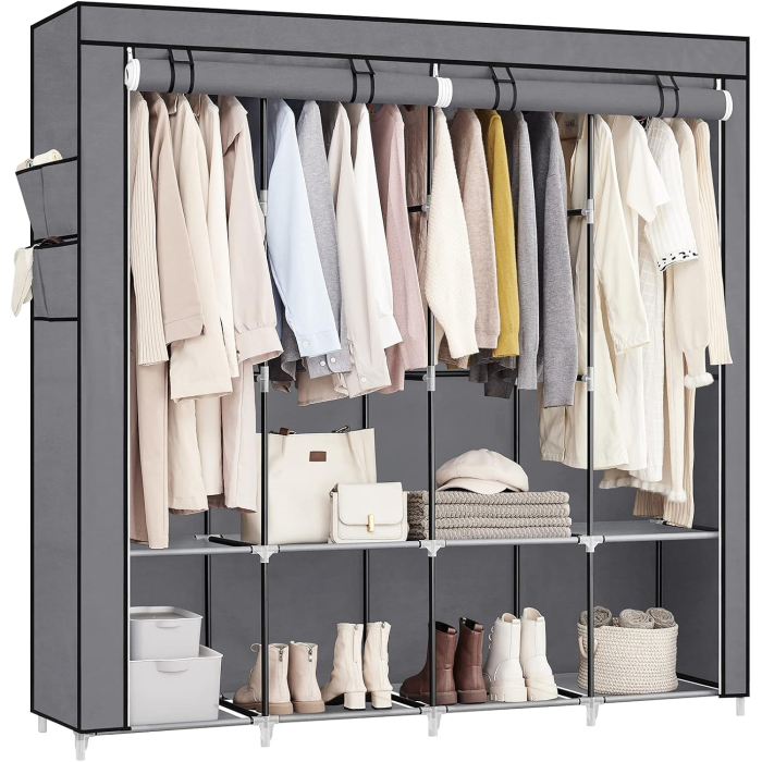 Garderoba din material textil, dulap portabil, cu rafturi si sina de agatat, 170x45x167cm, gri [10]