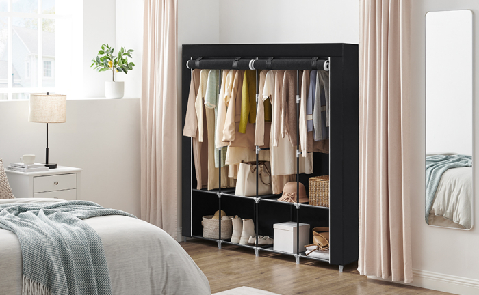 Garderoba din material textil, dulap portabil, cu rafturi si sina de agatat, 170x45x167cm, negru [11]