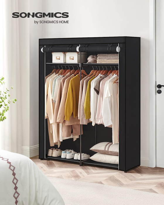 Garderoba pentru depozitarea hainelor, din material textil, cu 2 bare pentru umerase, 43x140x174cm, negru [4]