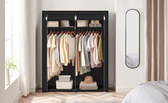 Garderoba pentru depozitarea hainelor, din material textil, cu 2 bare pentru umerase, 43x140x174cm, negru [3]