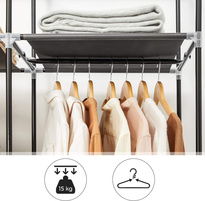 SONGMICS Garderoba pentru depozitarea hainelor, din material textil, cu 2 bare pentru umerase, 45x150x175cm, negru [6]