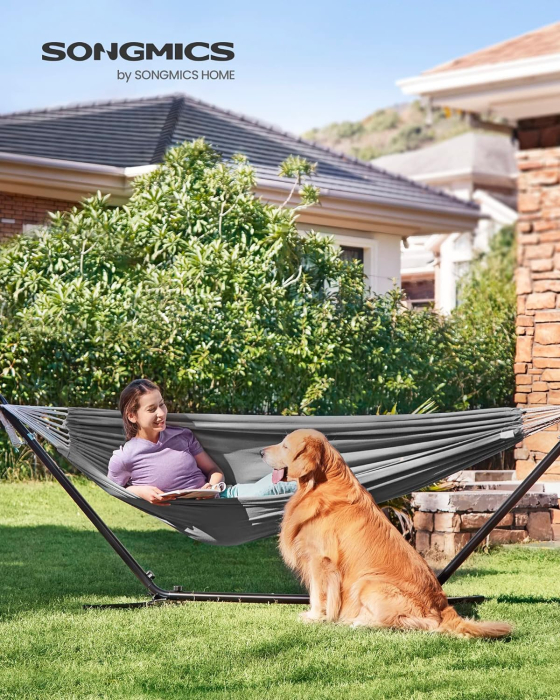 SONGMICS Hamac cu cadru metalic, reglabil la 5 inaltimi, maxim 240 kg, 300x90x95cm, gri [2]