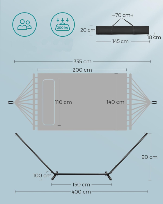 Hamac cu suport metalic, cu suprafata captusita, reglabil, include perna, 200 kg, 300x120x110 cm, albastru [4]