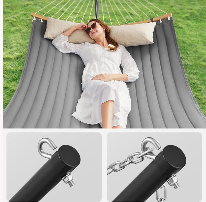 Hamac cu suport metalic, cu suprafata captusita, reglabil, include perna, 200 kg, 300x120x110 cm, gri [5]