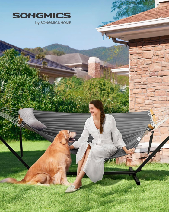 Hamac cu suport metalic, cu suprafata captusita, reglabil, include perna, 200 kg, 300x120x110 cm, gri [2]