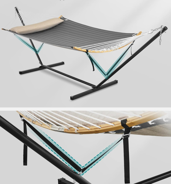 Hamac cu suport metalic, cu suprafata captusita, reglabil, include perna, 200 kg, 300x120x110 cm, gri [3]