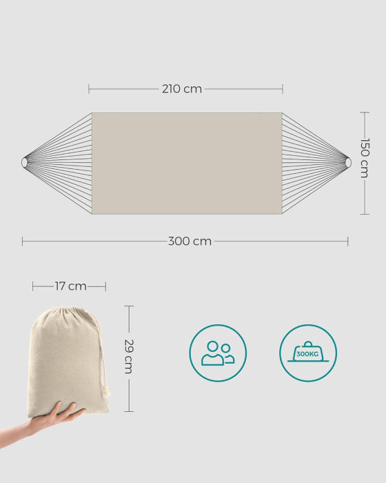 Hamac dublu 210x150 cm, bumbac, portabil cu chingi si carabiniere, bej [2]