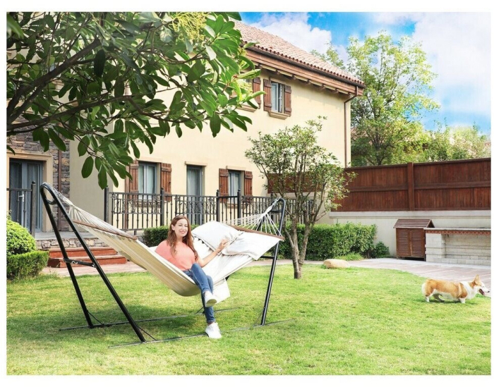 Hamac dublu cu bara lemn, perne incluse, maxim 300 kg, 210x150 cm, bej [7]