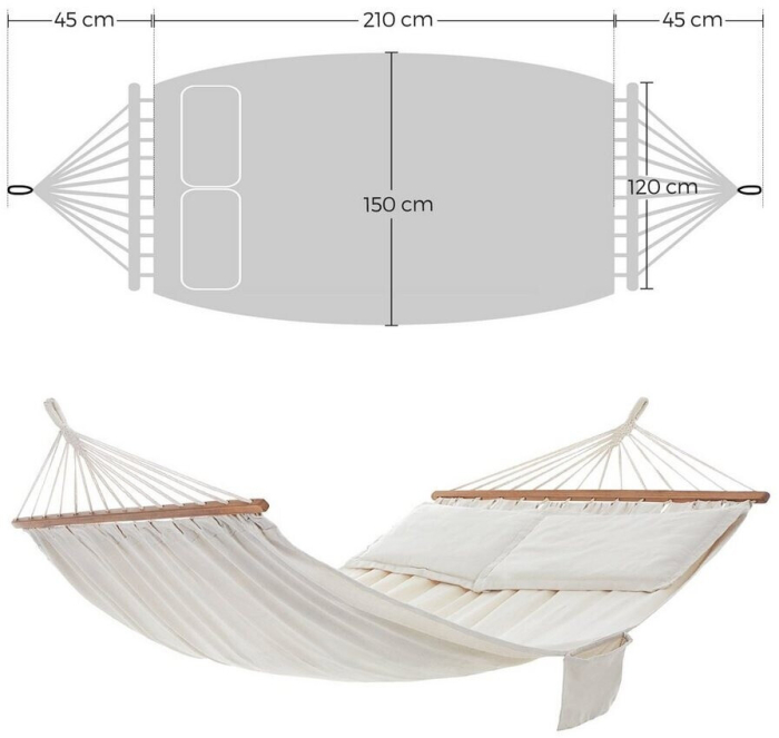 Hamac dublu cu bara lemn, perne incluse, maxim 300 kg, 210x150 cm, bej [12]