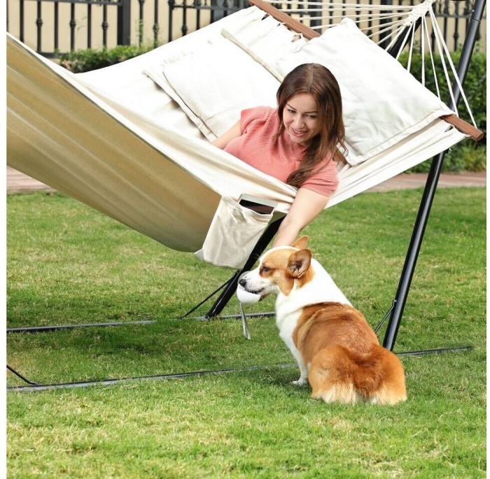 Hamac dublu cu bara lemn, perne incluse, maxim 300 kg, 210x150 cm, bej [10]