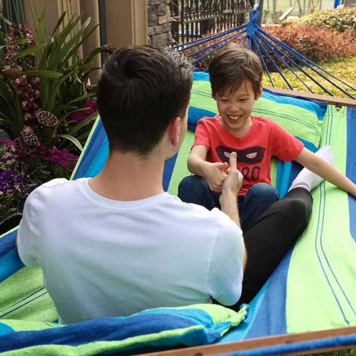 Hamac dublu cu bara lemn, perne incluse, maxim 300 kg, 210x150 cm, verde si albastru [2]