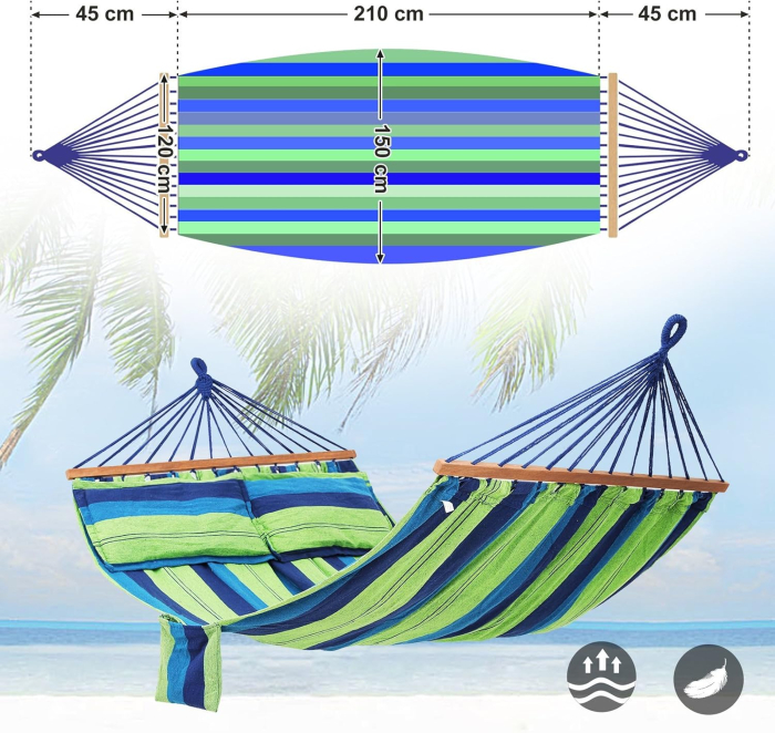 Hamac dublu cu bara lemn, perne incluse, maxim 300 kg, 210x150 cm, verde si albastru [3]