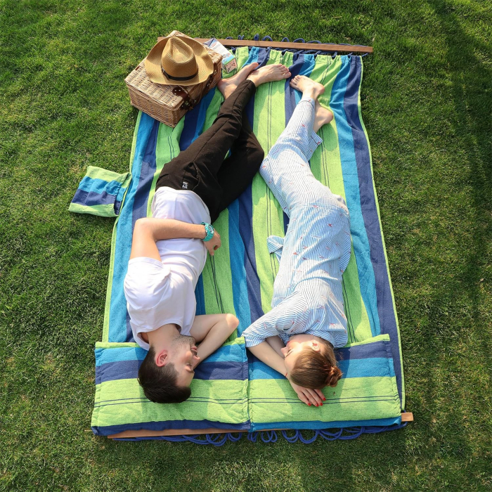 Hamac dublu cu bara lemn, perne incluse, maxim 300 kg, 210x150 cm, verde si albastru [8]