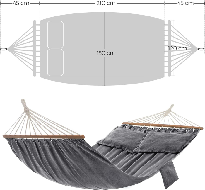 Hamac dublu cu bara lemn stabilizatoare, 2 perne incluse, bumbac si poliester 380g/m2, max 300 kg, 210x150 cm, gri [3]