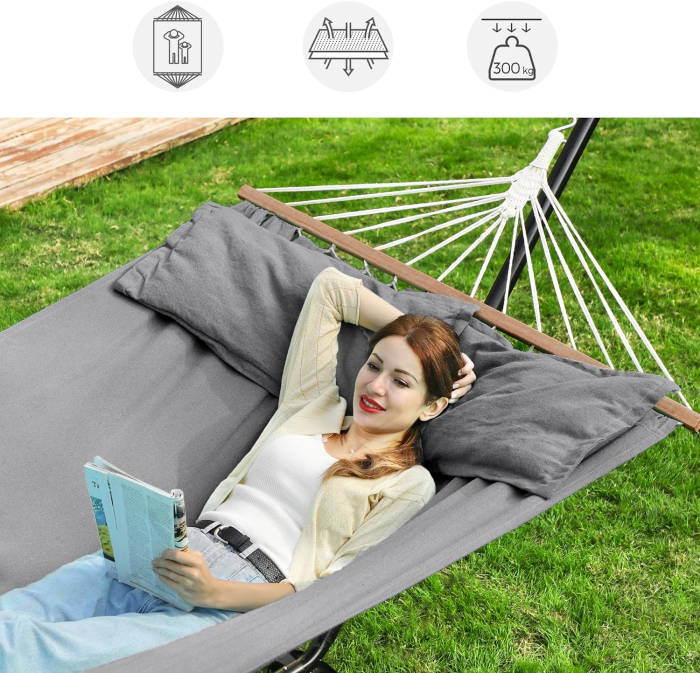 Hamac dublu cu bara lemn stabilizatoare, 2 perne incluse, bumbac si poliester 380g/m2, max 300 kg, 210x150 cm, gri [8]