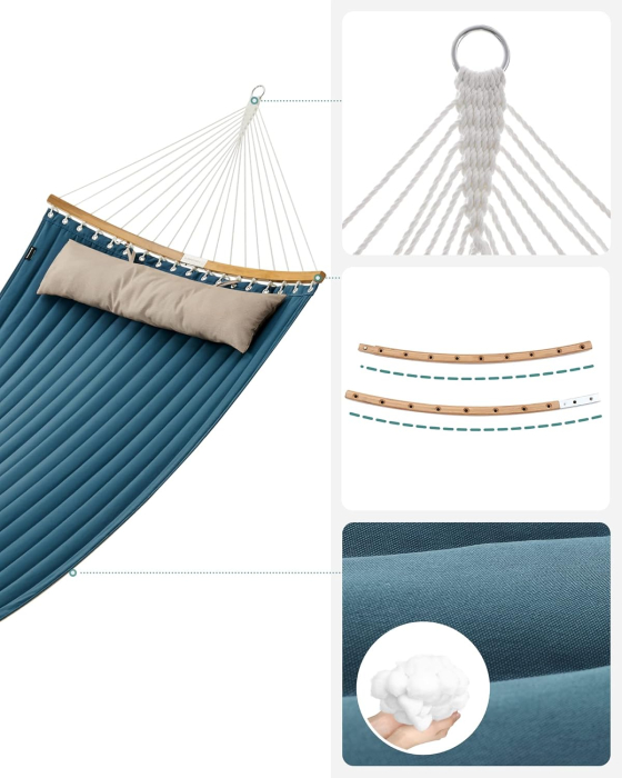 Hamac dublu cu bare curbate din bambus, perna inclusa, maxim 225 kg, 200x140 cm, albastru [4]