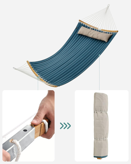 Hamac dublu cu bare curbate din bambus, perna inclusa, maxim 225 kg, 200x140 cm, albastru [2]