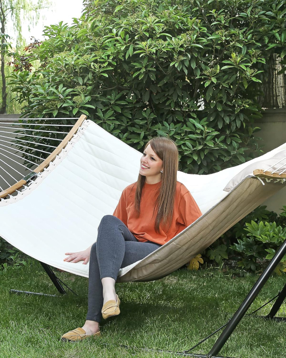 Hamac dublu cu bare curbate din bambus, perna inclusa, maxim 225 kg, 200x140 cm, crem [7]