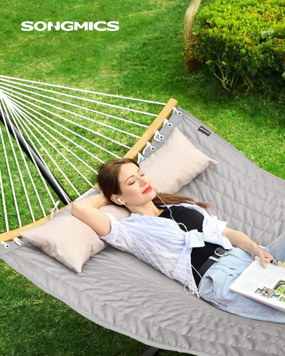 Hamac dublu cu bare curbate din bambus, perna inclusa, maxim 225 kg, 200x140 cm, gri [6]