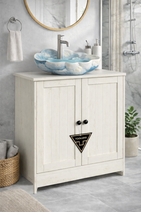 Masca baie pentru chiuveta, suport lavoar, raft reglabil, stil rustic modern, 60x30x61 cm, alb rustic [9]