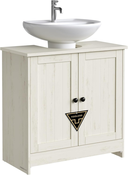 Masca baie pentru chiuveta, suport lavoar, raft reglabil, stil rustic modern, 60x30x61 cm, alb rustic [8]