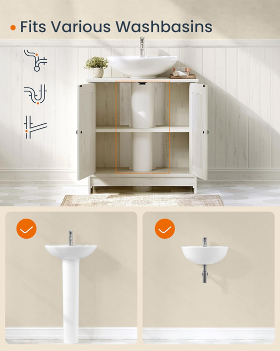 Masca baie pentru chiuveta, suport lavoar, raft reglabil, stil rustic modern, 60x30x61 cm, alb rustic [5]