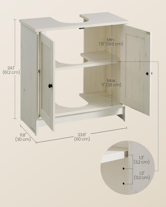Masca baie pentru chiuveta, suport lavoar, raft reglabil, stil rustic modern, 60x30x61 cm, alb rustic [2]