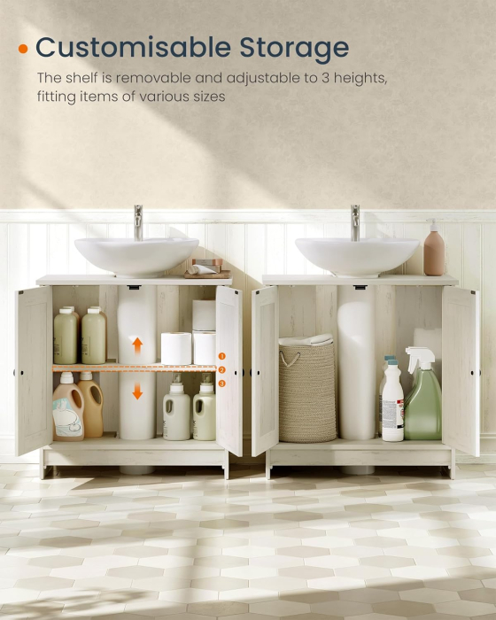 Masca baie pentru chiuveta, suport lavoar, raft reglabil, stil rustic modern, 60x30x61 cm, alb rustic [3]