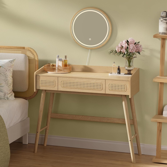 SONGMICS Masuta de toaleta cu oglinda iluminata LED, 3 sertare aspect ratan, stil boho, MDF si lemn, 88x43x82 cm, bej [3]