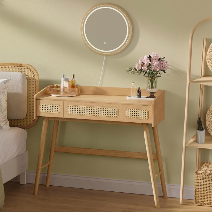 SONGMICS Masuta de toaleta cu oglinda iluminata LED, 3 sertare aspect ratan, stil boho, MDF si lemn, 88x43x82 cm, bej [1]