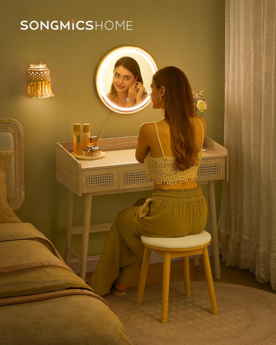 SONGMICS Masuta de toaleta cu oglinda iluminata LED, 3 sertare aspect ratan, stil boho, MDF si lemn, 88x43x82 cm, bej [4]