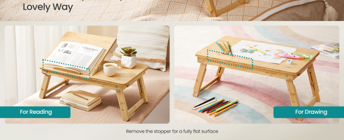 SONGMICS Masuta laptop sau mic dejun, din bambus, reglabila pe inaltime si unghi, cu sertar lateral, 68x35x22-32 cm, natural [12]