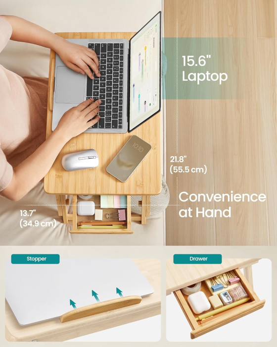 SONGMICS Masuta laptop sau mic dejun, din bambus, reglabila pe inaltime si unghi, cu sertar lateral, 68x35x22-32 cm, natural [5]