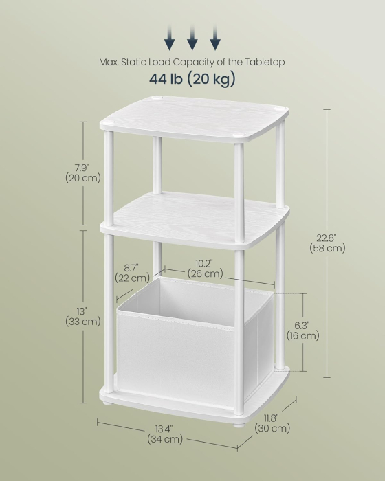 SONGMICS Masuta laterala tip noptiera, cu 3 rafturi si cos textil, cadru metalic, 30x34x58 cm, alb mat [5]
