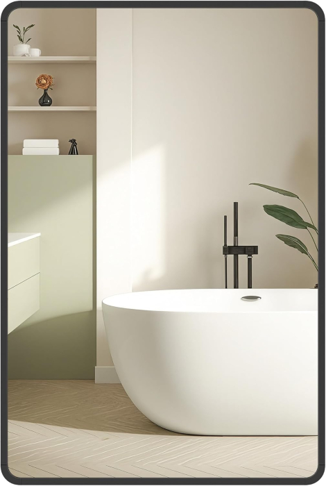 Oglinda de perete dreptunghiulara pentru baie sau living, rama din aluminiu, montaj pe orizontala sau verticala, 91x61 cm, negru [3]