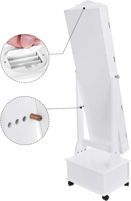Oglinda de podea cu dulap depozitare bijuterii, iluminare LED si roti, cu cheie, 35x45x156 cm, alb [9]