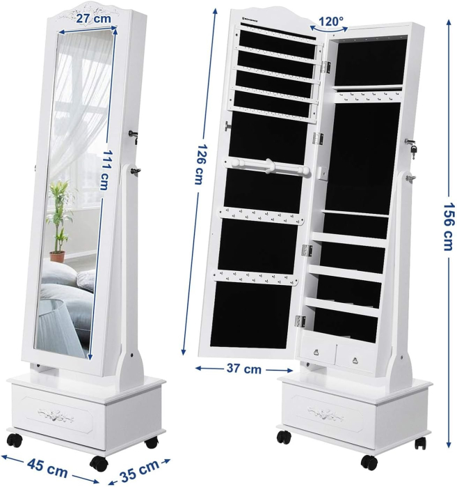 Oglinda de podea cu dulap depozitare bijuterii, iluminare LED si roti, cu cheie, 35x45x156 cm, alb [13]